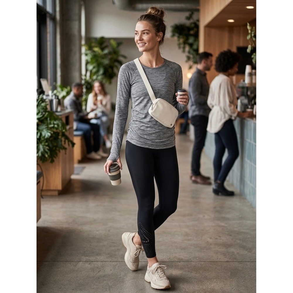 Athleta Momentum Ruched Long Sleeve Top Grey Space Dye Thumbholes Size M